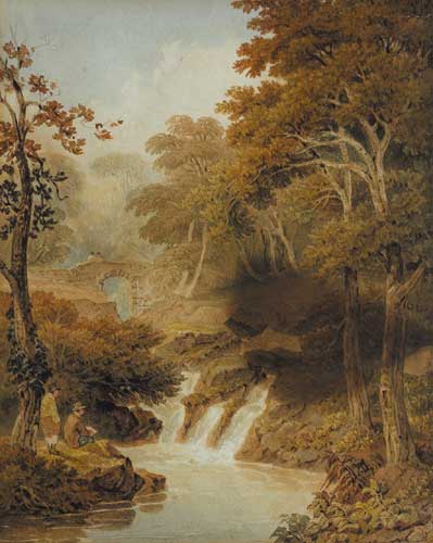 FIGURES BY A SMALL CASCADE WITH A STONE BRIDGE BEYOND at Whyte's Auctions