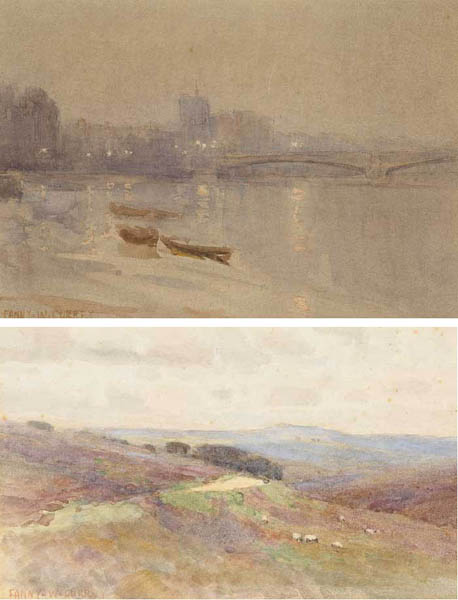 THAMES EMBANKMENT and SHEEP GRAZING ON A MOUNTAIN, POSSIBLY THE KNOCKMEALDOWNS (A PAIR) by Fanny Wilmot Currey WCSI (1848-1917) WCSI (1848-1917) at Whyte's Auctions