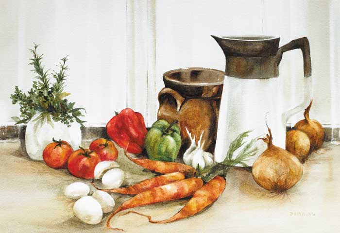 STILL LIFE WITH VEGETABLES AND EARTHENWARE by Phyllis del Vecchio (b. 1934) at Whyte's Auctions