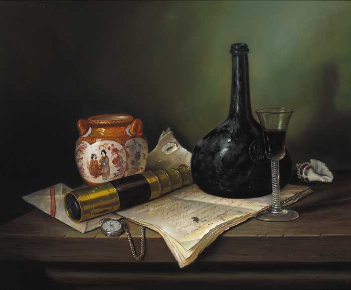 STILL LIFE WITH A CHINESE JAR, TELESCOPE AND MANUSCRIPT ON A TABLE by Raymond Campbell sold for �1,700 at Whyte's Auctions