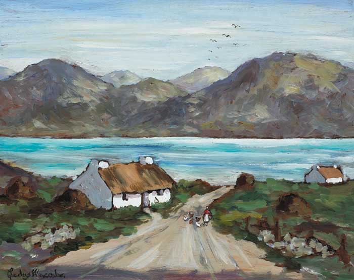 LANDSCAPE WITH THATCHED COTTAGE AND A WOMAN FEEDING HENS ON A PATH by Gladys Maccabe MBE HRUA ROI FRSA (1918-2018) at Whyte's Auctions
