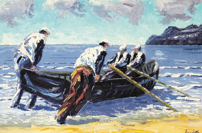 LAUNCHING THE CURRACH AT ACHILL, COUNTY MAYO by Ivan Sutton sold for 2,500 at Whyte's Auctions