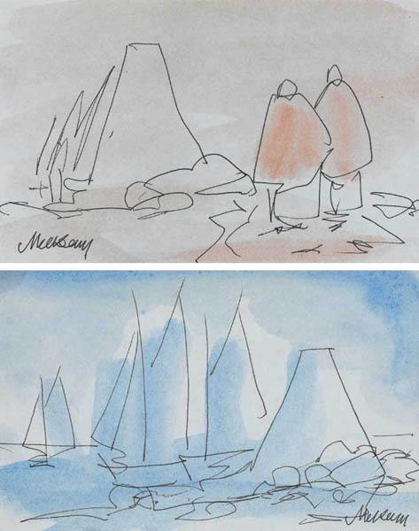 COTTAGES, BOATS AND SHAWLIES - SIX  VIEWS IN THE WEST OF IRELAND by Markey Robinson (1918-1999) at Whyte's Auctions