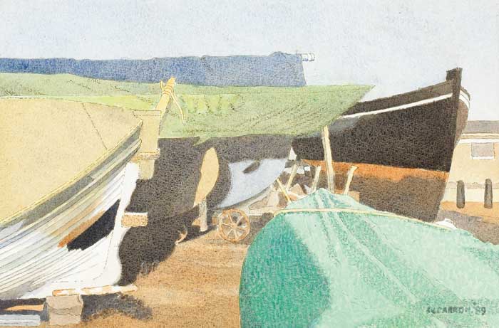 BOATS ON THE EAST PIER, HOWTH, 1989 by William Carron sold for �420 at Whyte's Auctions