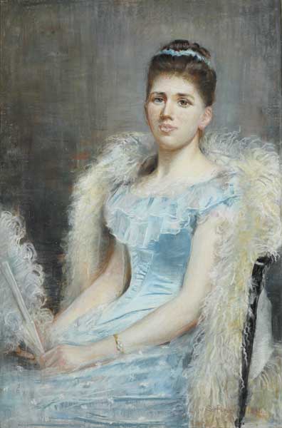 LADY IN A BLUE SILK DRESS AND FEATHERED BOA, 1891 by Sarah Henrietta Purser HRHA (1848-1943) at Whyte's Auctions