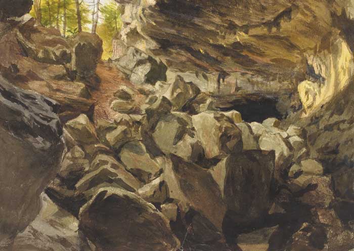 INTERIOR OF A CAVE WITH A VIEW OF FIR TREES by Sir Frederick William Burton RHA RWS (1816-1900) at Whyte's Auctions