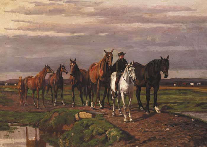 MOUNTED RIDER LEADING A HERD OF HORSES OVER A STREAM by Augustus Nicholas Burke sold for 3,000 at Whyte's Auctions