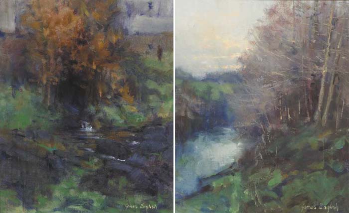 RIVERBANK WINTER, DUSK (A PAIR) by James English RHA (b.1946) at Whyte's Auctions