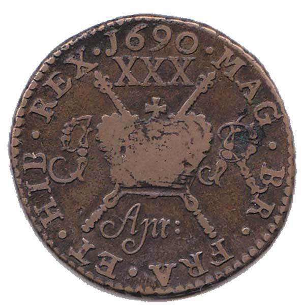 1690. Williamite Wars. James II Gunmoney Half Crown at Whyte's Auctions