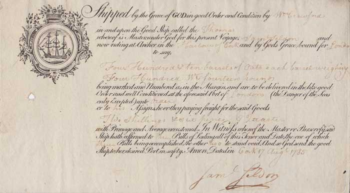 1785 Shipping Manifest from Beamish & Crawford, Cork at Whyte's Auctions