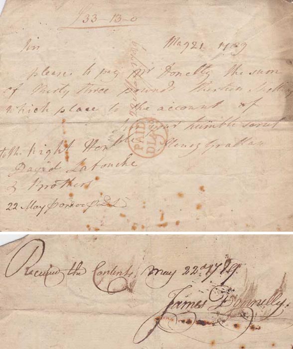 1789. Henry Grattan's signature on a bill for twenty three pounds thirteen shillings at Whyte's Auctions