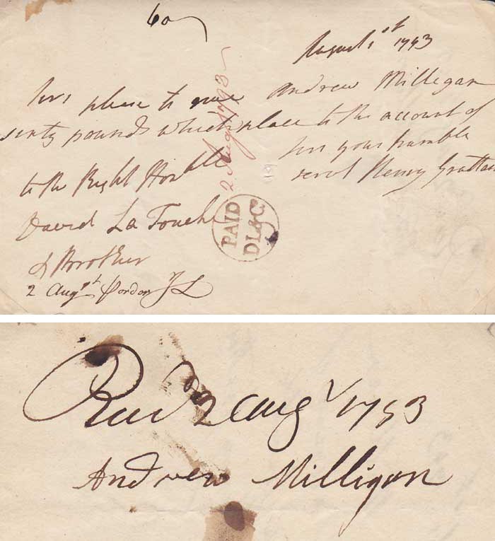 1793 Henry Grattan signature on a bill for sixty pounds at Whyte's Auctions