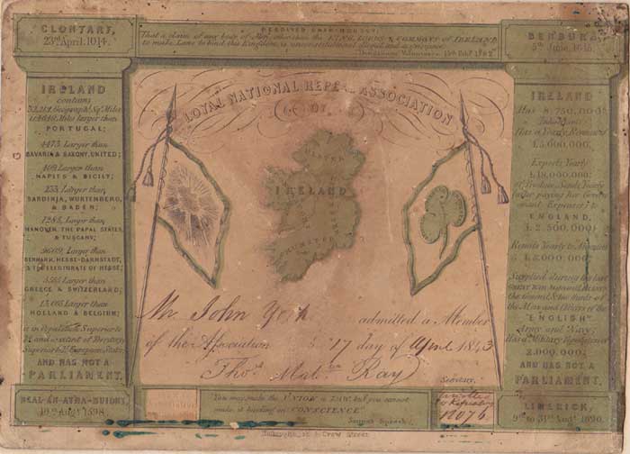 1843. Loyal National Repeal Association of Ireland. Membership card at Whyte's Auctions