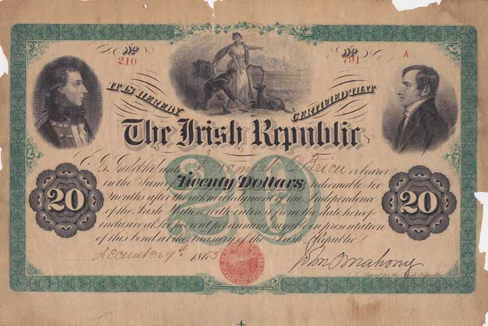 1865-67 Fenian Rising. The Irish Republic Twenty Dollars bond at Whyte's Auctions
