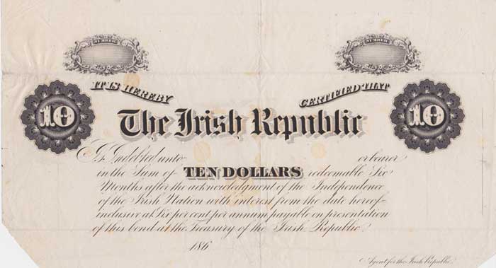 1865-67 Fenian Bonds. A very rare printers proof of the black plate for the Ten Dollars denomination at Whyte's Auctions