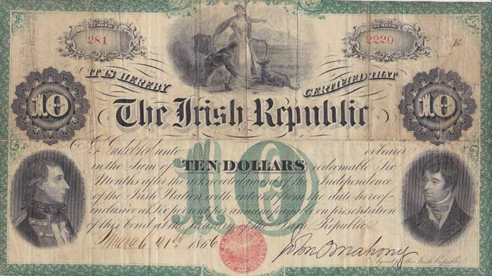 1865-67 Fenian Rising. The Irish Republic Ten Dollars bond at Whyte's Auctions