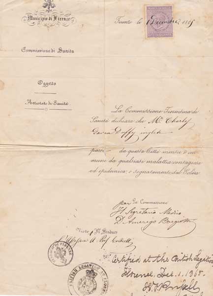 1869 (1 December). Kingdom of Italy Certificate of Health for Charles Gavan Duffy "Inglese" (English) issued at Florence at Whyte's Auctions