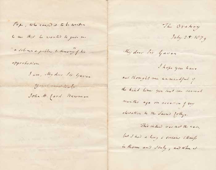 1879 (July 25). Cardinal Newman letter to Sir Charles Gavan Duffy at Whyte's Auctions