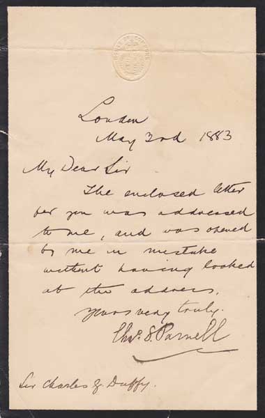 1883 (3 manuscript) Charles Gavan Duffy; Thence by descent and then bequest to the present owner) Charles Stuart Parnell letter to Sir Charles Gavan Duffy at Whyte's Auctions