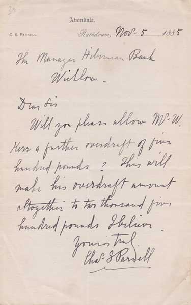 1855 (5 November) Charles Stewart  Parnell letter in his hand from Avondale at Whyte's Auctions