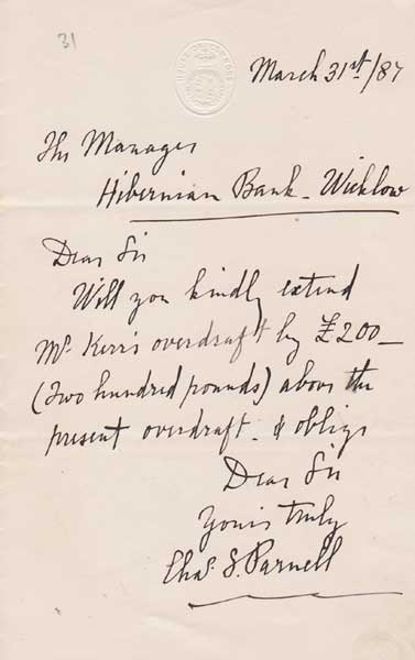 1887 (31 March). Charles Stewart Parnell letter in his hand from the House of Commons, London at Whyte's Auctions