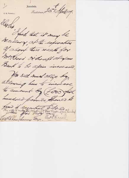 1885-1891. Correspondence concerning Charles Stewart Parnell's dealings with the Hibernian Bank, Wicklow, including 5 letters dictated and signed by him at Whyte's Auctions