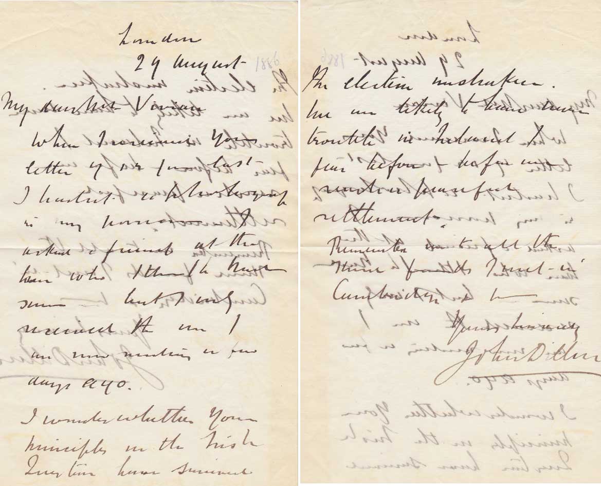 c. 1885. John Dillon MP handwritten letter to Mr Vivian at Whyte's Auctions