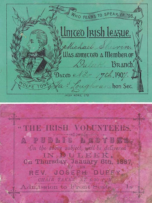 1887 The Irish Volunteers Public Lecture in Duleek, 6 January. Also United Irish League 1907 Membership Card for Duleek Branch, and others. at Whyte's Auctions