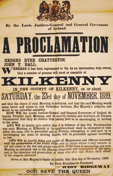 1889. A Proclamation prohibiting a meeting at Kilkenny on or about Saturday 23rd November 1889 at Whyte's Auctions