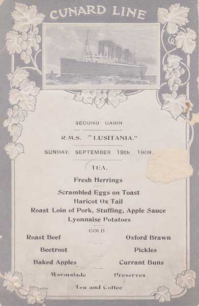 RHS Lusitania, torpedoed and sunk off The Old Head of Kinsale, Co. Cork. A Menu Card at Whyte's Auctions