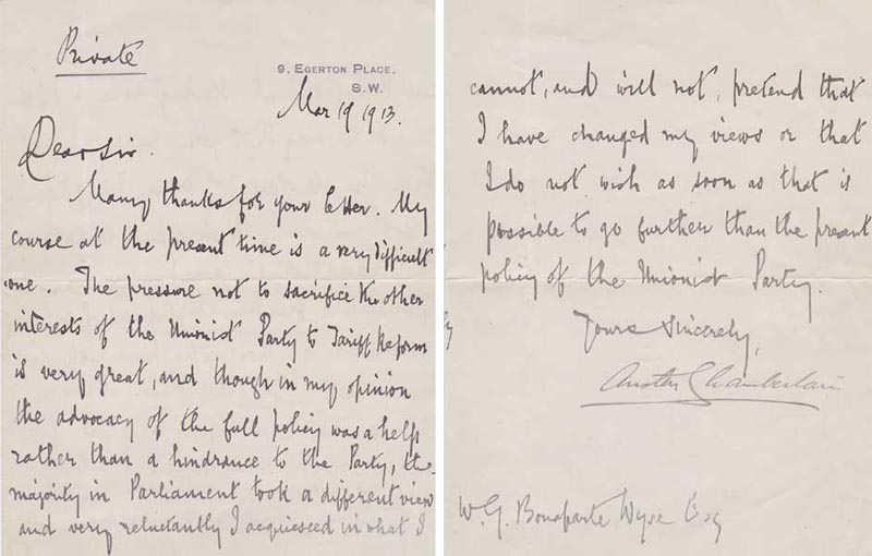 1916 (19 March). Austin Chamberlain signed letter to W. G. Bonaparte Wyse regarding Unionist policy in Tariff Reform at Whyte's Auctions