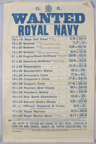 1915 Royal Navy Recruiting Poster, showing attractive rates of pay at Whyte's Auctions