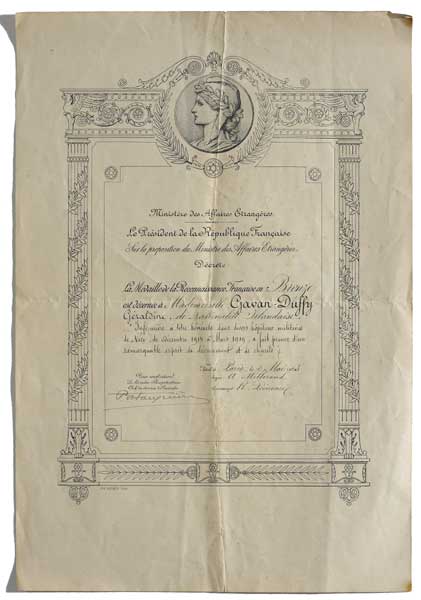 1914-18 Geraldine and Hetty Gavan Duffy, daughters of Sir Charles and George: Letters and certification of sisters' honours given by France for their war service. at Whyte's Auctions