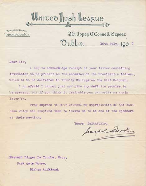 1907 (16 July). Joseph Devlin MP signed letter on United Irish League paper at Whyte's Auctions
