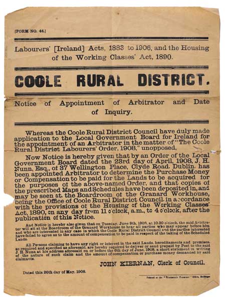 1908. Coole Rural District: Notice of Appointment of Arbitration and Date of Inquiry at Whyte's Auctions