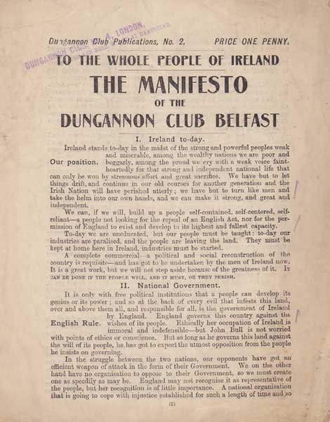 c. 1910. The Manifesto of the Dungannon Club Belfast at Whyte's Auctions