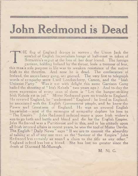 The Truth About '98 by John Redmond, booklet, and John Redmond is Dead by "M. Ni. G" handbill at Whyte's Auctions