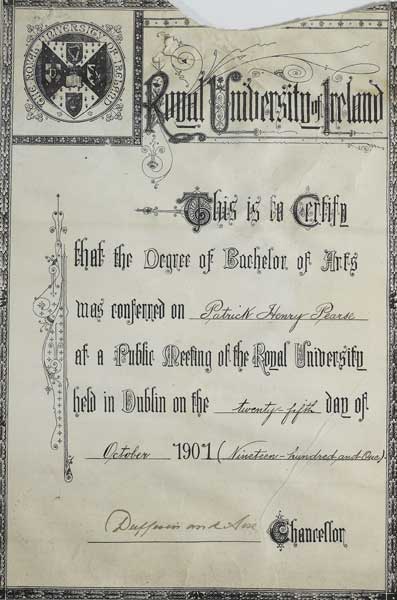 Pdraig Pearse, Royal University of Ireland Bachelor of Arts Parchment, 1901, and another diploma at Whyte's Auctions