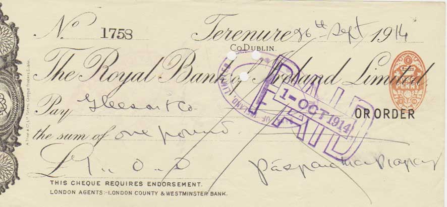 1913. Pdraig Pearse handwritten and signed cheque at Whyte's Auctions