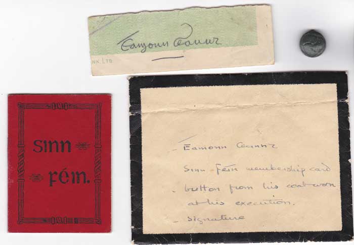 1916. Eamonn Ceannt's Sinn Fin Membership card, his signature and a button taken from the coat he wore at his execution at Whyte's Auctions