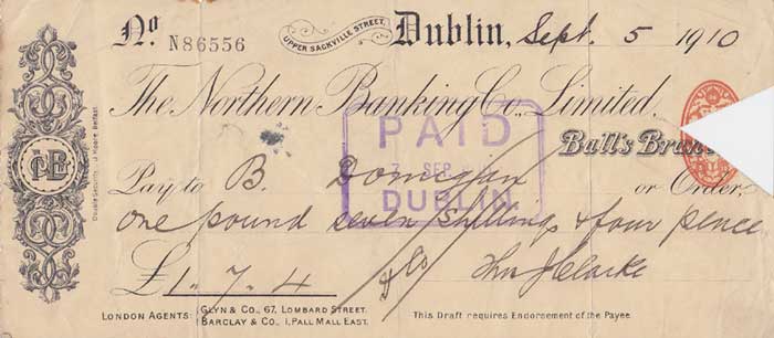 1910. Thomas J. Clarke signature on a cheque. Rare at Whyte's Auctions