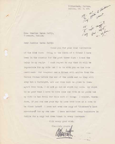 [1916] Captain Robert Monteith letter to George Gavan Duffy, 26 March 1949 at Whyte's Auctions