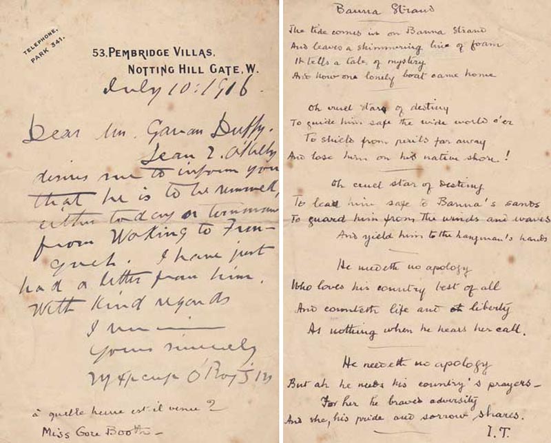 1916 (July 10) Roger Casement Trial letter to George Gavan Duffy, Banna Strand poem on reverse. at Whyte's Auctions