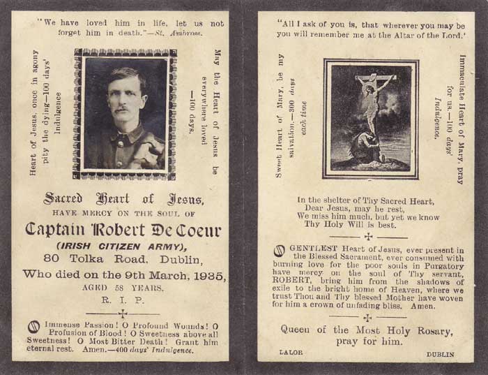 [1916] Captain Robert de Couer, Irish Citizen Army. In Memoriam card, 1935 at Whyte's Auctions