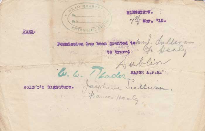 1916 (7 May) Military Pass for travel to Dublin from Kingstown (Dun Laoghaire) at Whyte's Auctions