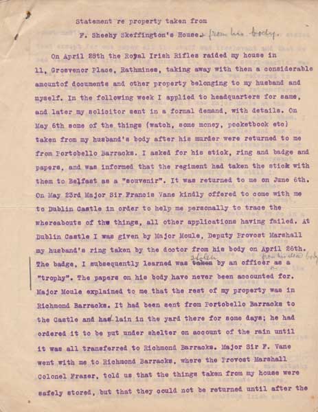 1916 Statement by Hannah Sheehy Skeffington re property taken from F. Sheehy Skeffington's House and from his body at Whyte's Auctions
