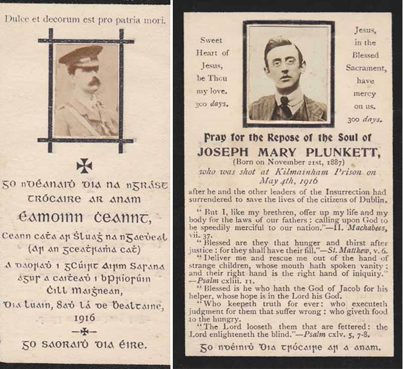 1916-22. A rare series of In Memoriam cards with Eamonn Ceannt, Joseph Mary Plunkett, Michael O'Hanrahan, Cathal Brugha, Harry Boland and Rory O'Connor at Whyte's Auctions