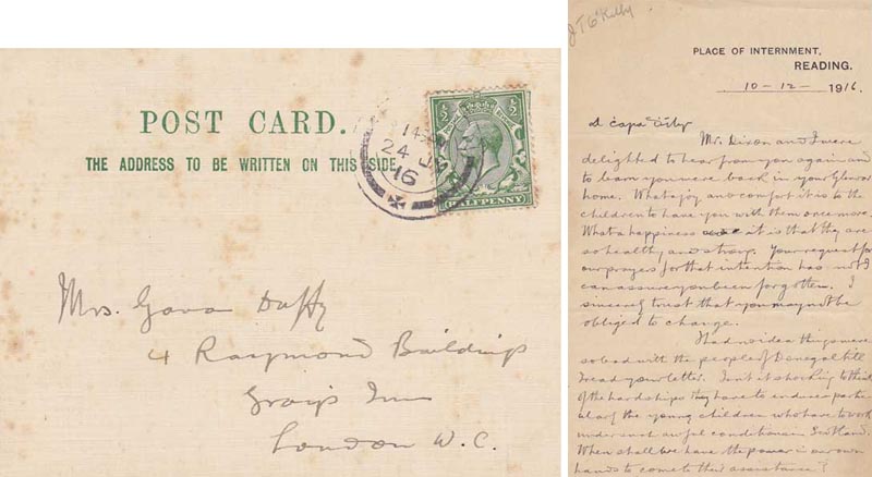 1916-17. Sen T.O'Kelly letters to George Gavan Duffy from Working Military Prison, Reading Internment Place, and elsewhere. at Whyte's Auctions