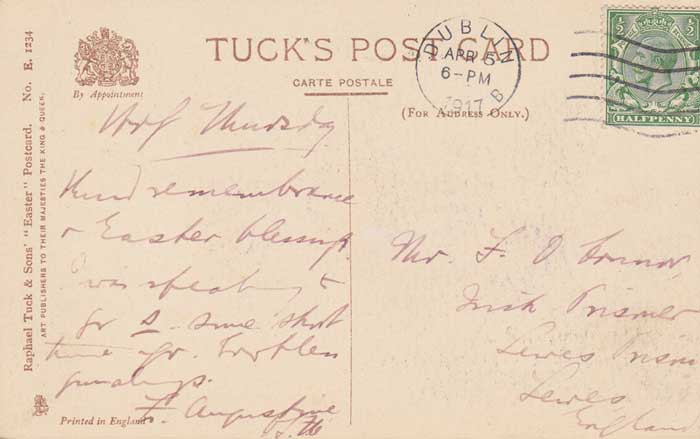 1917 (6 April, Holy Thursday). Fr. Augustine Easter postcard to Fergus O'Connor at Lewes Prison at Whyte's Auctions