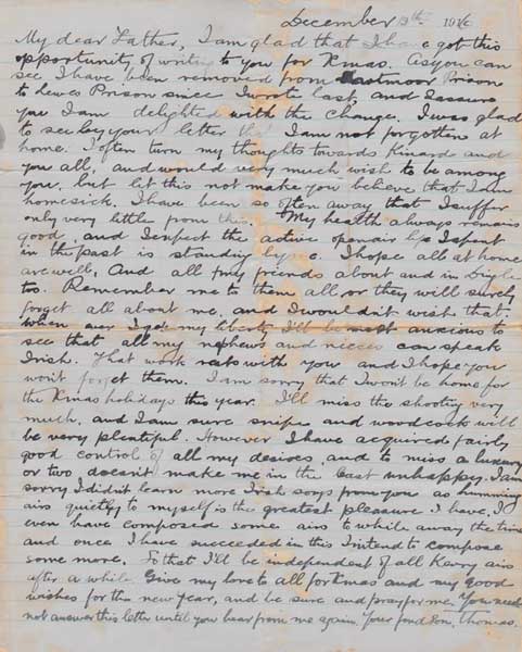 1916 (13 December) Thomas Ashe letter to his father from Lewes Prison at Whyte's Auctions
